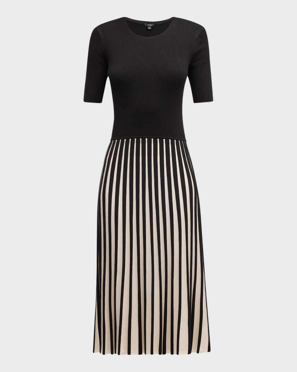 Ribbed Elbow-Sleeve Pleated Midi Dress